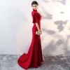 Chinese style Burgundy Evening Dresses  2017 Trumpet / Mermaid High Neck 1/2 Sleeves Appliques Flower Sequins Beading Court Train Formal Dresses