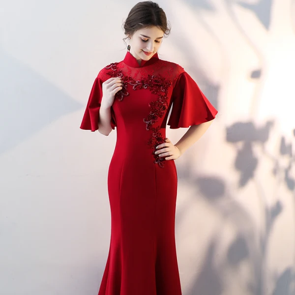 Chinese style Burgundy Evening Dresses 2017 Trumpet / Mermaid High Neck 1/2 Sleeves Appliques Flower Sequins Beading Court Train Formal Dresses