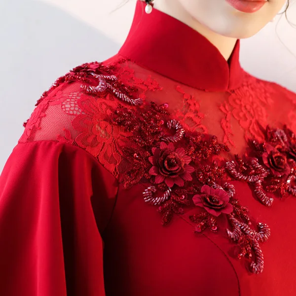Chinese style Burgundy Evening Dresses 2017 Trumpet / Mermaid High Neck 1/2 Sleeves Appliques Flower Sequins Beading Court Train Formal Dresses