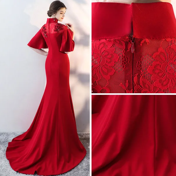 Chinese style Burgundy Evening Dresses 2017 Trumpet / Mermaid High Neck 1/2 Sleeves Appliques Flower Sequins Beading Court Train Formal Dresses