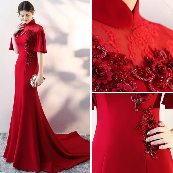 Chinese style Burgundy Evening Dresses 2017 Trumpet / Mermaid High Neck 1/2 Sleeves Appliques Flower Sequins Beading Court Train Formal Dresses