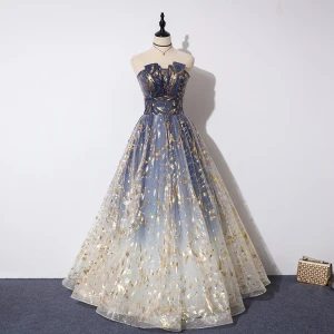 Elegant Mørk Marineblå Gradient Farge Selskapskjoler 2019 Prinsesse Strapless Uten Ermer Beading Glitter Tyll Lange Buste Ryggløse Formelle Kjoler