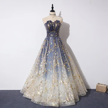 Elegant Navy Blue Gradient Color Evening Dresses 2019 A Line Princess Strapless Sleeveless Beading Glitter Tulle Floor Length Long Ruffle Backless Formal Dresses