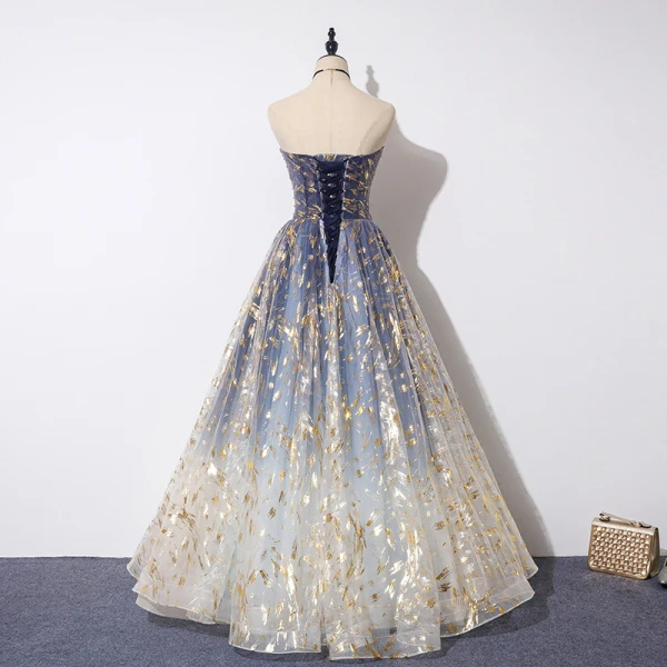 Elegant Navy Blue Gradient-Color Evening Dresses 2019 A-Line / Princess Strapless Sleeveless Beading Glitter Tulle Floor-Length / Long Ruffle Backless Formal Dresses