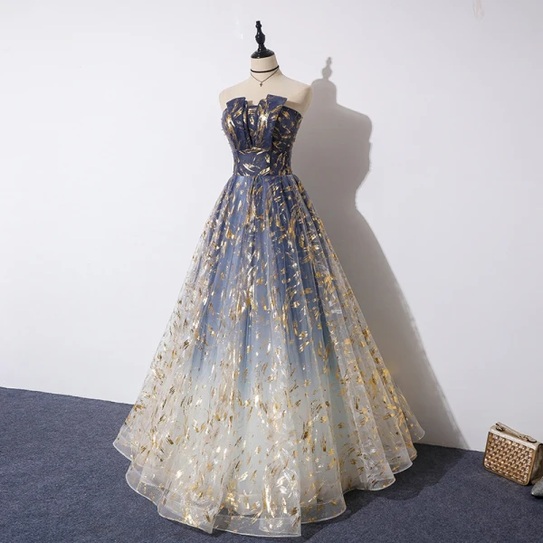Elegant Navy Blue Gradient-Color Evening Dresses 2019 A-Line / Princess Strapless Sleeveless Beading Glitter Tulle Floor-Length / Long Ruffle Backless Formal Dresses