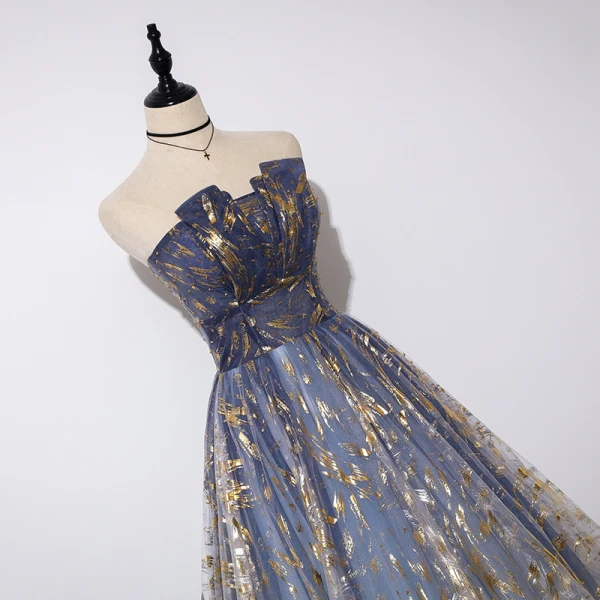 Elegant Navy Blue Gradient-Color Evening Dresses 2019 A-Line / Princess Strapless Sleeveless Beading Glitter Tulle Floor-Length / Long Ruffle Backless Formal Dresses