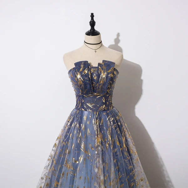 Elegant Navy Blue Gradient-Color Evening Dresses 2019 A-Line / Princess Strapless Sleeveless Beading Glitter Tulle Floor-Length / Long Ruffle Backless Formal Dresses