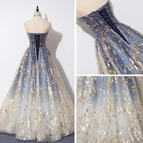Elegant Navy Blue Gradient-Color Evening Dresses 2019 A-Line / Princess Strapless Sleeveless Beading Glitter Tulle Floor-Length / Long Ruffle Backless Formal Dresses