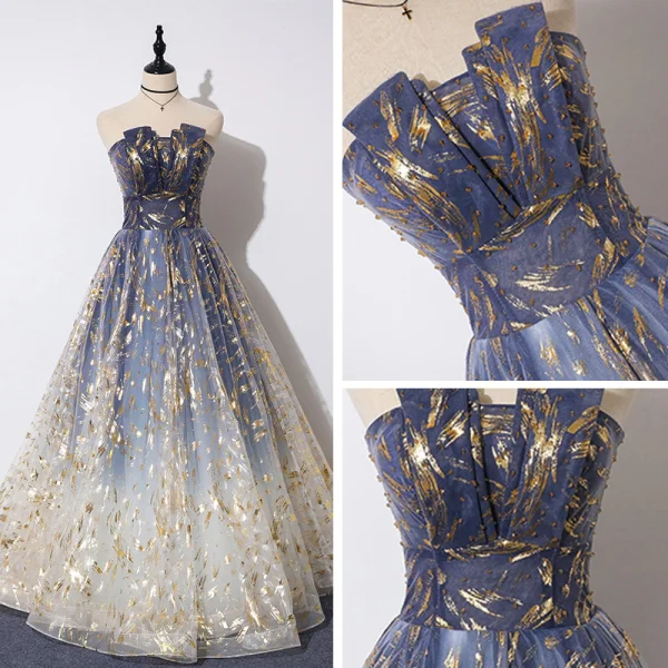 Elegant Navy Blue Gradient-Color Evening Dresses 2019 A-Line / Princess Strapless Sleeveless Beading Glitter Tulle Floor-Length / Long Ruffle Backless Formal Dresses