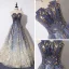 Elegant Navy Blue Gradient-Color Evening Dresses  2019 A-Line / Princess Strapless Sleeveless Beading Glitter Tulle Floor-Length / Long Ruffle Backless Formal Dresses