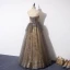 Elegante Grijs Goud Doorzichtige Galajurken 2019 A lijn Strapless Mouwloos Appliques Bloem Kralen Glans Tule Lange Ruche Ruglooze Gelegenheid Jurken