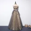 Elegant Grey Gold See-through Prom Dresses 2019 A-Line / Princess Strapless Sleeveless Appliques Flower Beading Glitter Tulle Floor-Length / Long Ruffle Backless Formal Dresses