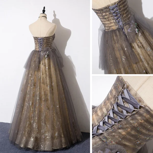 Elegante Grijs Goud Doorzichtige Galajurken 2019 A lijn Strapless Mouwloos Appliques Bloem Kralen Glans Tule Lange Ruche Ruglooze Gelegenheid Jurken