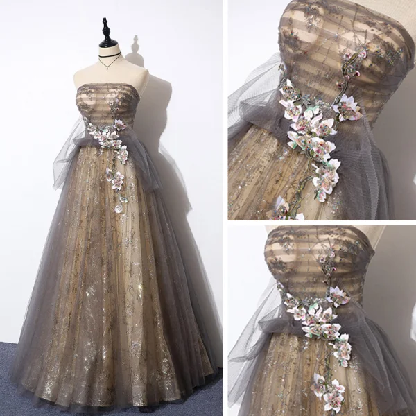 Elegante Grijs Goud Doorzichtige Galajurken 2019 A lijn Strapless Mouwloos Appliques Bloem Kralen Glans Tule Lange Ruche Ruglooze Gelegenheid Jurken