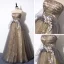Elegante Grijs Goud Doorzichtige Galajurken 2019 A lijn Strapless Mouwloos Appliques Bloem Kralen Glans Tule Lange Ruche Ruglooze Gelegenheid Jurken