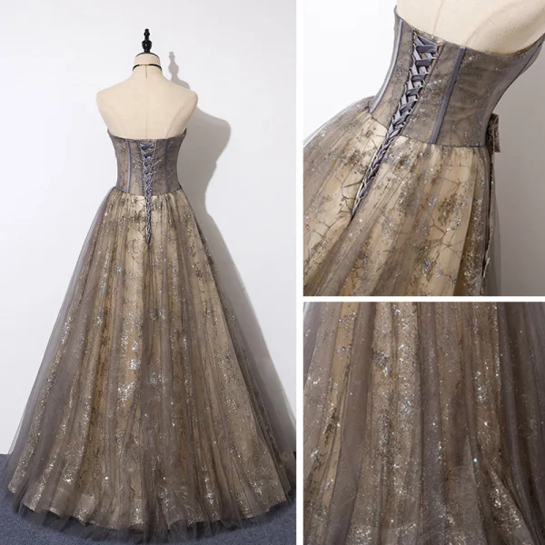 Luxe Grijs Goud Doorzichtige Avondjurken 2019 A lijn Unieke Strapless Mouwloos Appliques Bloem Kralen Glans Tule Lange Ruche Ruglooze Gelegenheid Jurken