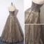 Luxe Grijs Goud Doorzichtige Avondjurken 2019 A lijn Unieke Strapless Mouwloos Appliques Bloem Kralen Glans Tule Lange Ruche Ruglooze Gelegenheid Jurken