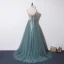 Elegante Groen Avondjurken 2019 A lijn Spaghettibandjes Mouwloos Kwast Kralen Sweep Trein Ruche Ruglooze Gelegenheid Jurken