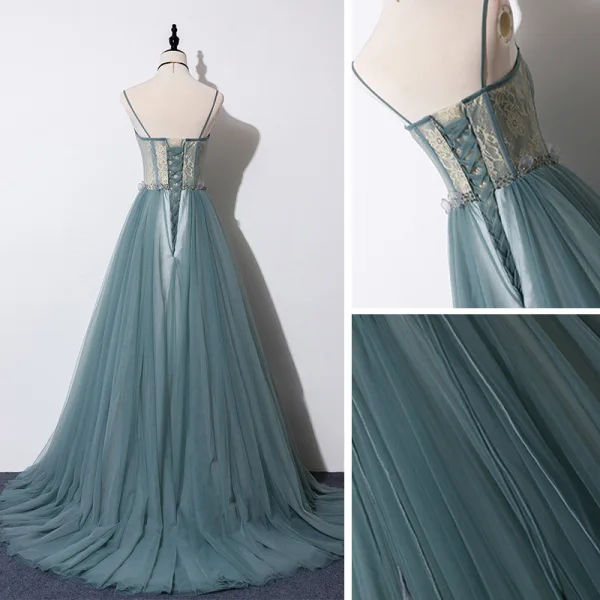 Elegante Groen Avondjurken 2019 A lijn Spaghettibandjes Mouwloos Kwast Kralen Sweep Trein Ruche Ruglooze Gelegenheid Jurken