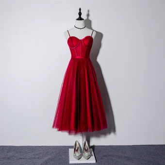 Chic Beautiful Burgundy Homecoming Graduation Dresses 2019 A Line Princess Spaghetti Straps Sleeveless Sash Glitter Tulle Tea Length Ruffle Backless Formal Dresses