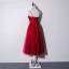 Chic / Beautiful Burgundy Homecoming Graduation Dresses 2019 A-Line / Princess Spaghetti Straps Sleeveless Sash Glitter Tulle Tea-length Ruffle Backless Formal Dresses