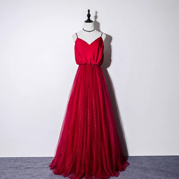 Elegant Burgundy Silk Evening Dresses  2019 A-Line / Princess Spaghetti Straps Sleeveless Floor-Length / Long Ruffle Backless Formal Dresses