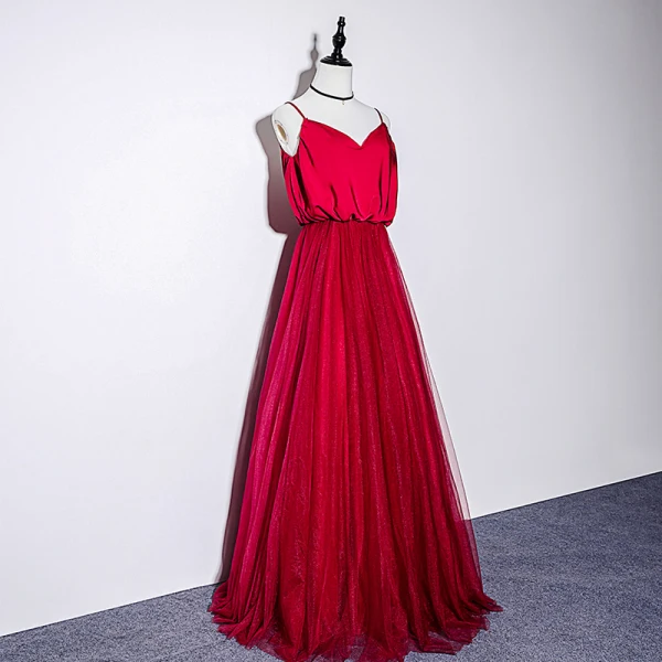 Elegant Burgundy Silk Evening Dresses 2019 A-Line / Princess Spaghetti Straps Sleeveless Floor-Length / Long Ruffle Backless Formal Dresses
