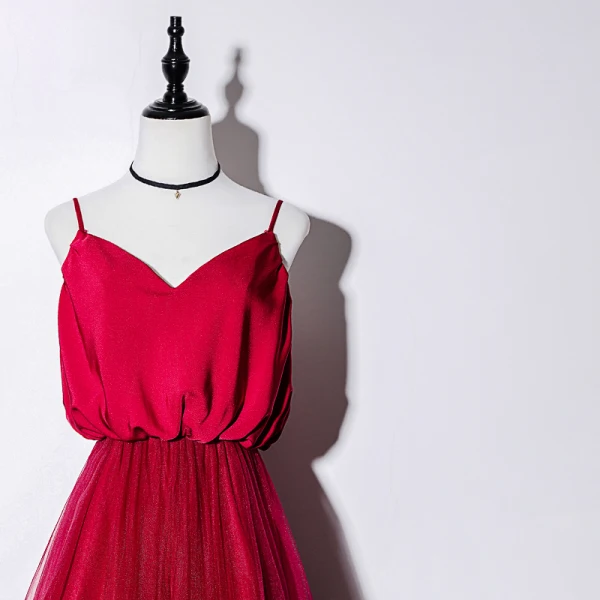 Elegant Burgundy Silk Evening Dresses 2019 A-Line / Princess Spaghetti Straps Sleeveless Floor-Length / Long Ruffle Backless Formal Dresses