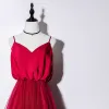 Elegant Burgundy Silk Evening Dresses  2019 A-Line / Princess Spaghetti Straps Sleeveless Floor-Length / Long Ruffle Backless Formal Dresses