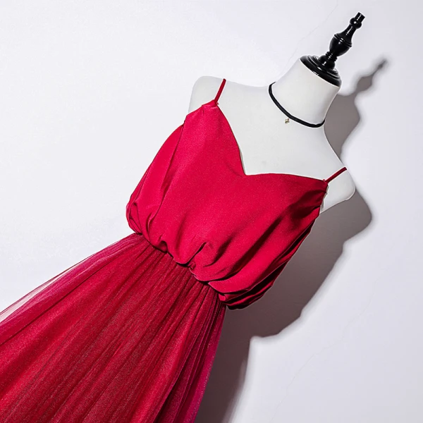 Elegant Burgundy Silk Evening Dresses 2019 A-Line / Princess Spaghetti Straps Sleeveless Floor-Length / Long Ruffle Backless Formal Dresses