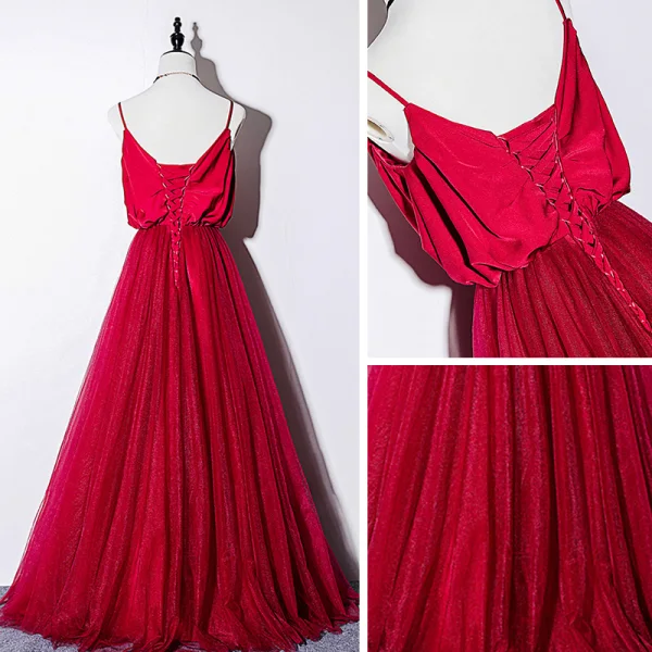 Elegant Burgundy Silk Evening Dresses 2019 A-Line / Princess Spaghetti Straps Sleeveless Floor-Length / Long Ruffle Backless Formal Dresses
