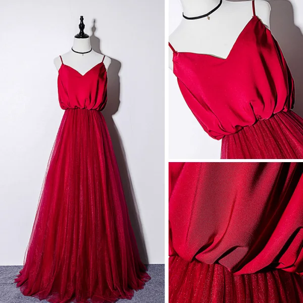 Elegant Burgundy Silk Evening Dresses 2019 A-Line / Princess Spaghetti Straps Sleeveless Floor-Length / Long Ruffle Backless Formal Dresses