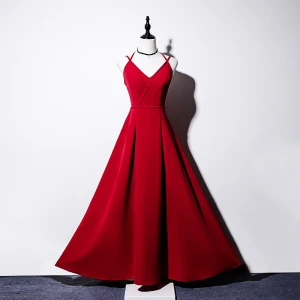 Sexy Bordeaux Robe De Soirée 2019 Princesse Bretelles Spaghetti Sans Manches Noeud Longueur Cheville Volants Dos Nu Robe De Ceremonie