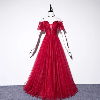 Chic Beautiful Burgundy Evening Dresses 2019 A Line Princess Spaghetti Straps Short Sleeve Beading Floor Length Long Ruffle Backless Formal Dresses