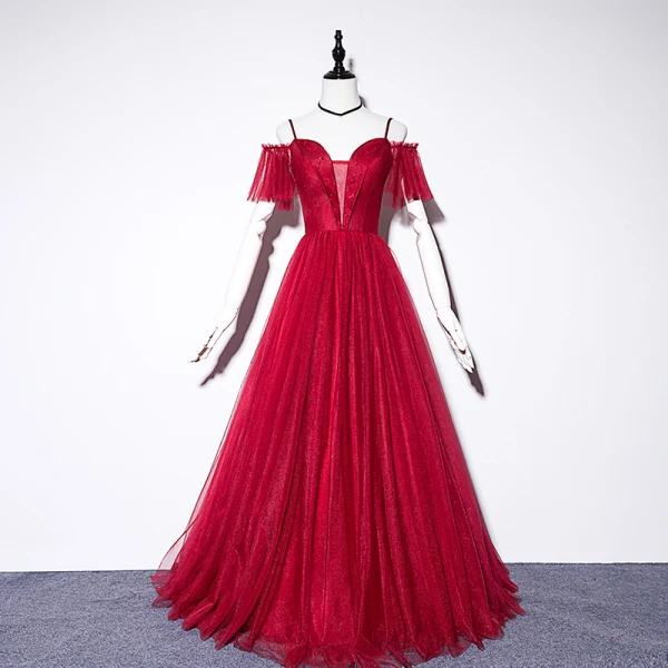 Chic / Beautiful Burgundy Evening Dresses 2019 A-Line / Princess Spaghetti Straps Short Sleeve Beading Floor-Length / Long Ruffle Backless Formal Dresses