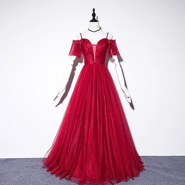 Chic / Beautiful Burgundy Evening Dresses  2019 A-Line / Princess Spaghetti Straps Short Sleeve Beading Floor-Length / Long Ruffle Backless Formal Dresses