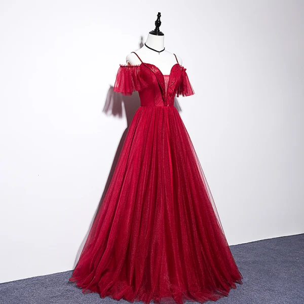 Chic / Beautiful Burgundy Evening Dresses 2019 A-Line / Princess Spaghetti Straps Short Sleeve Beading Floor-Length / Long Ruffle Backless Formal Dresses