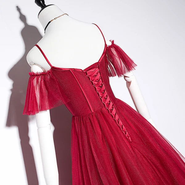 Chic / Beautiful Burgundy Evening Dresses 2019 A-Line / Princess Spaghetti Straps Short Sleeve Beading Floor-Length / Long Ruffle Backless Formal Dresses