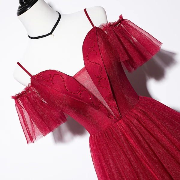 Chic / Beautiful Burgundy Evening Dresses 2019 A-Line / Princess Spaghetti Straps Short Sleeve Beading Floor-Length / Long Ruffle Backless Formal Dresses