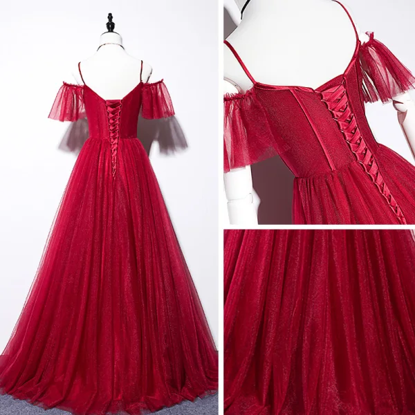 Chic / Beautiful Burgundy Evening Dresses 2019 A-Line / Princess Spaghetti Straps Short Sleeve Beading Floor-Length / Long Ruffle Backless Formal Dresses