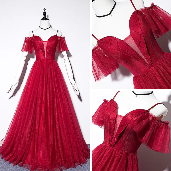 Chic / Beautiful Burgundy Evening Dresses 2019 A-Line / Princess Spaghetti Straps Short Sleeve Beading Floor-Length / Long Ruffle Backless Formal Dresses