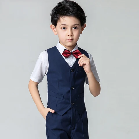 Modest / Simple Summer Navy Blue Boys Wedding Suits 2019 Short Sleeve Shirt Pants Tie Vest