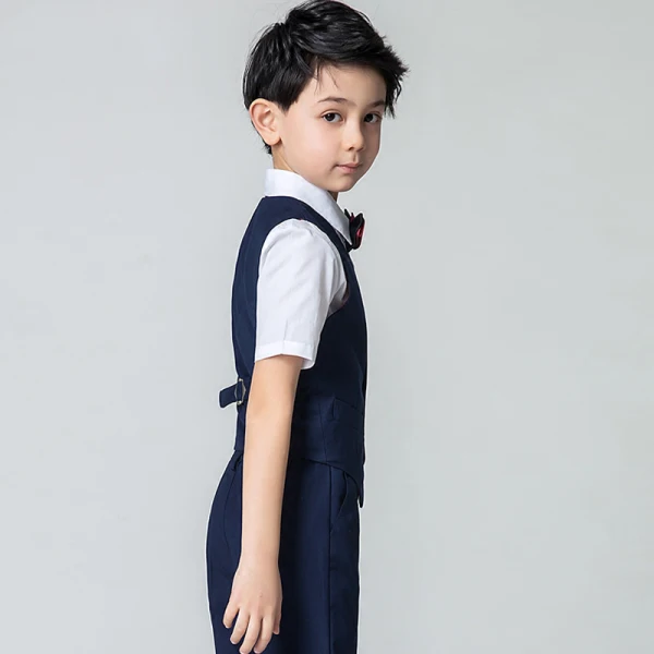 Modest / Simple Summer Navy Blue Boys Wedding Suits 2019 Short Sleeve Shirt Pants Tie Vest