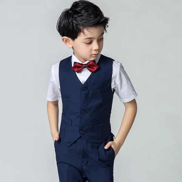 Modest / Simple Summer Navy Blue Boys Wedding Suits 2019 Short Sleeve Shirt Pants Tie Vest