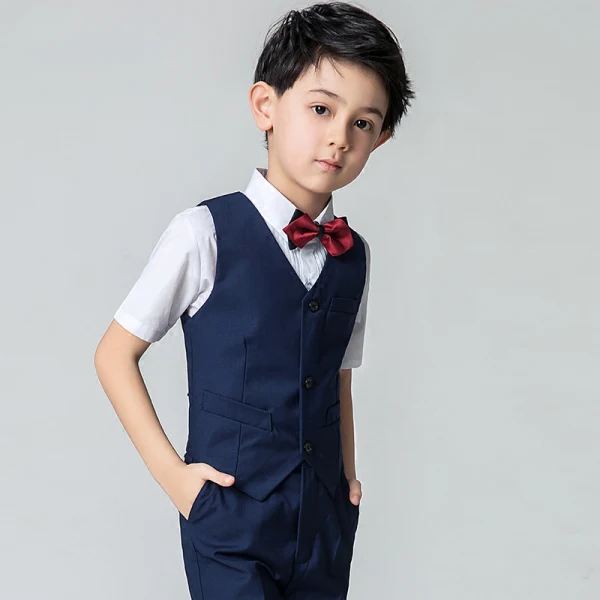 Modest / Simple Summer Navy Blue Boys Wedding Suits 2019 Short Sleeve Shirt Pants Tie Vest