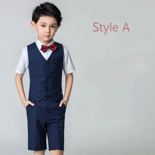 Modest / Simple Summer Navy Blue Boys Wedding Suits 2019 Short Sleeve Shirt Pants Tie Vest