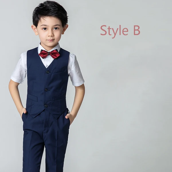 Modest / Simple Summer Navy Blue Boys Wedding Suits 2019 Short Sleeve Shirt Pants Tie Vest