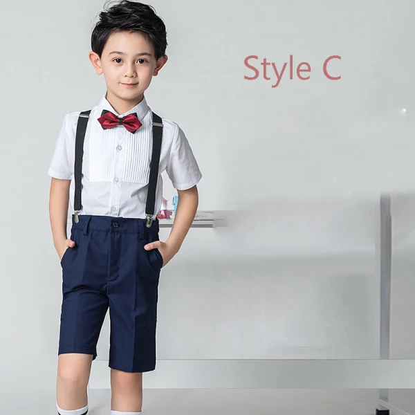 Modest / Simple Summer Navy Blue Boys Wedding Suits 2019 Short Sleeve Shirt Pants Tie Vest