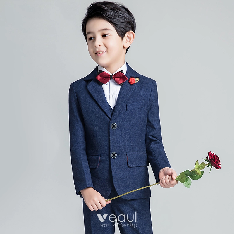 Modest Simple Burgundy Tie Navy Blue Boys Wedding Suits 2019