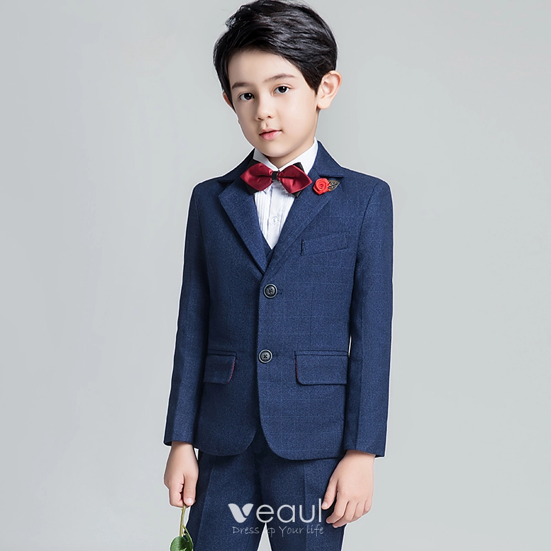 Modest Simple Burgundy Tie Navy Blue Boys Wedding Suits 2019